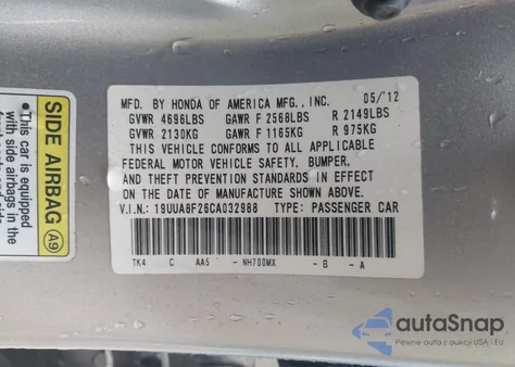 2012 Acura Tl 3.5 из США, поврежденный, VIN 19UUA8F26CA032988